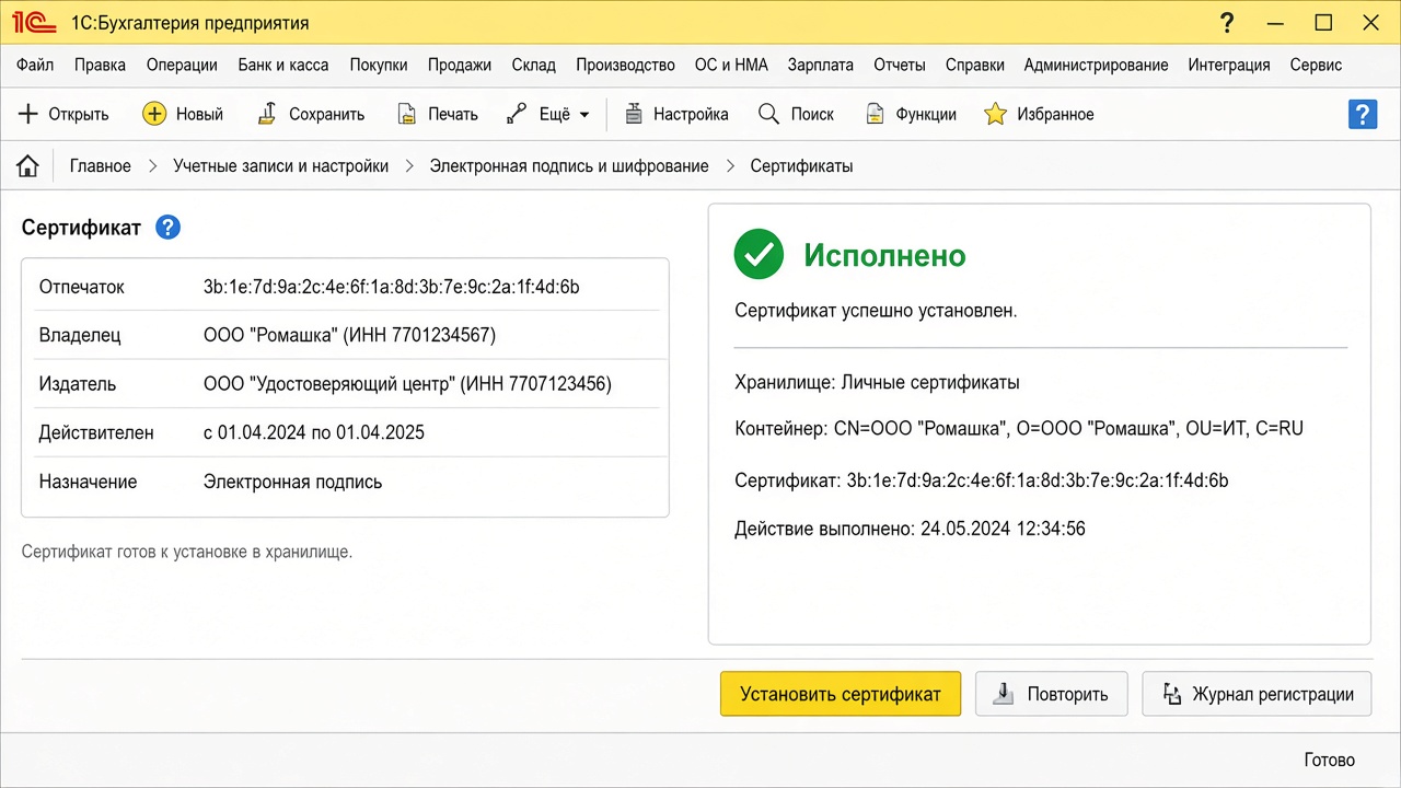 1С:Бухгалтерия — установка выпущенного сертификата